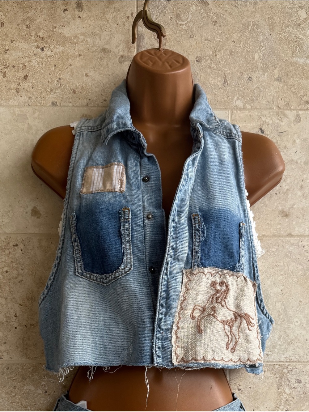 Denim Patchwork Cropped Vest - one of a kind Upcycled